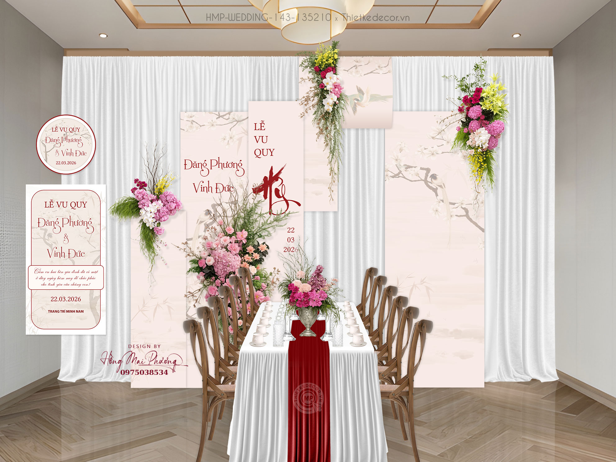 File thiết kế Gia tiên, trang trí tiệc cưới đẹp tone trắng kem họa tiết chim cành